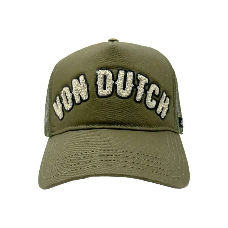 Olive Green Curved Terry Logo Trucker Hat sold by Von Dutch
