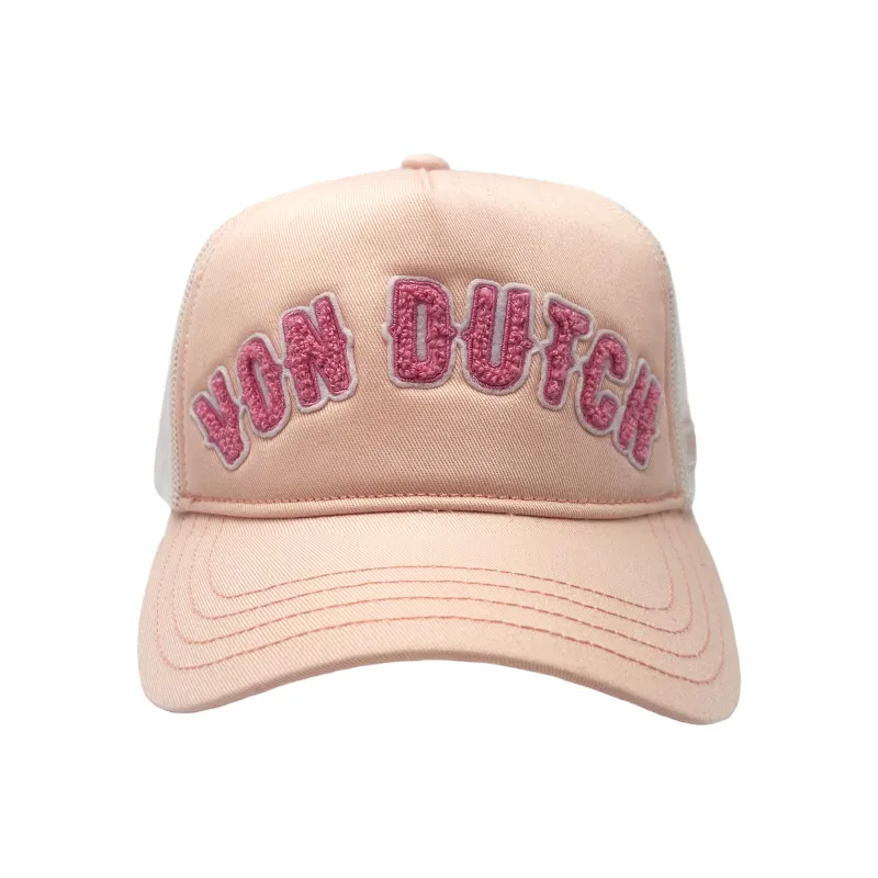 White and Pink Curved Terry Logo Trucker Hat sold by Von Dutch