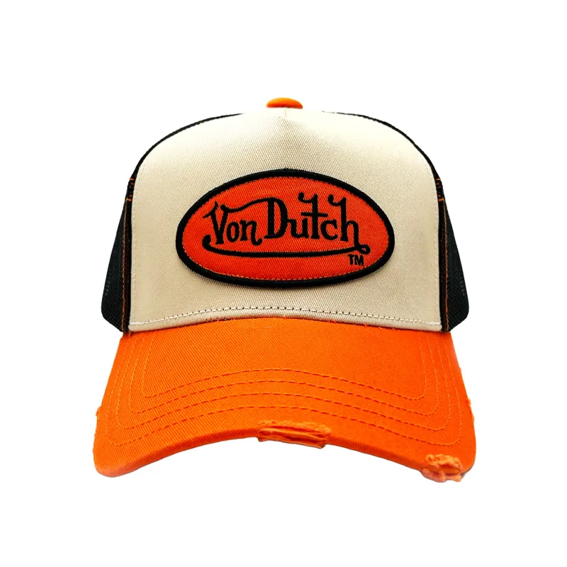 Von Dutch Tan and Orange Classic Distressed Trucker Hat sold by Von Dutch