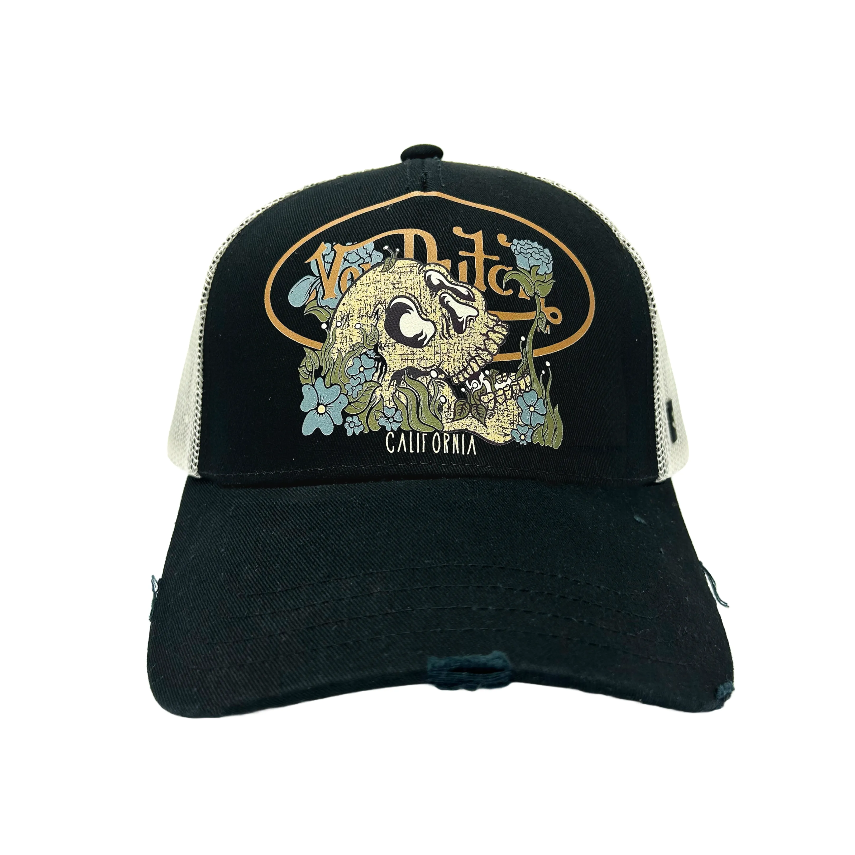 Black VERGE Distressed Trucker Hat sold by Von Dutch