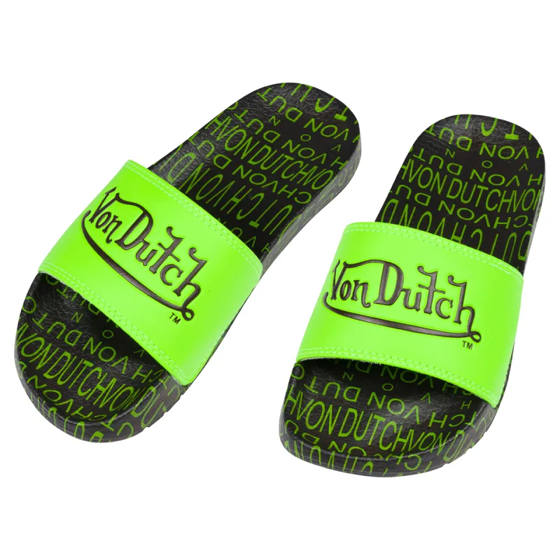 MEN'S MONOGRAM NEON LIME SLIDES sold by Von Dutch