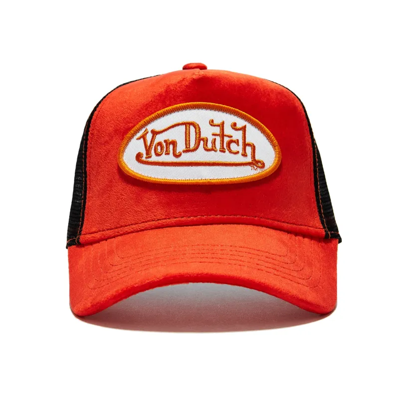 Von Dutch Orange & Black Velvet Trucker Hat made by Von Dutch
