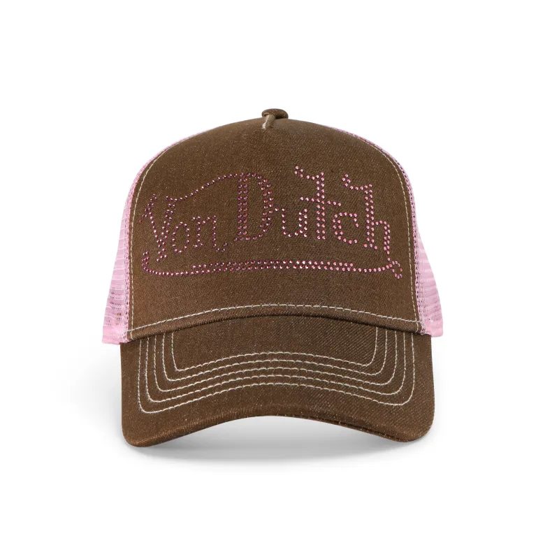 Rhinestone Trucker Hat - Brown with Pink Rhinestones sold by Von Dutch