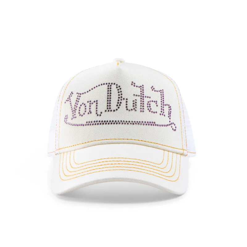 Rhinestone Trucker Hat - White with Purple Rhinestones sold by Von Dutch