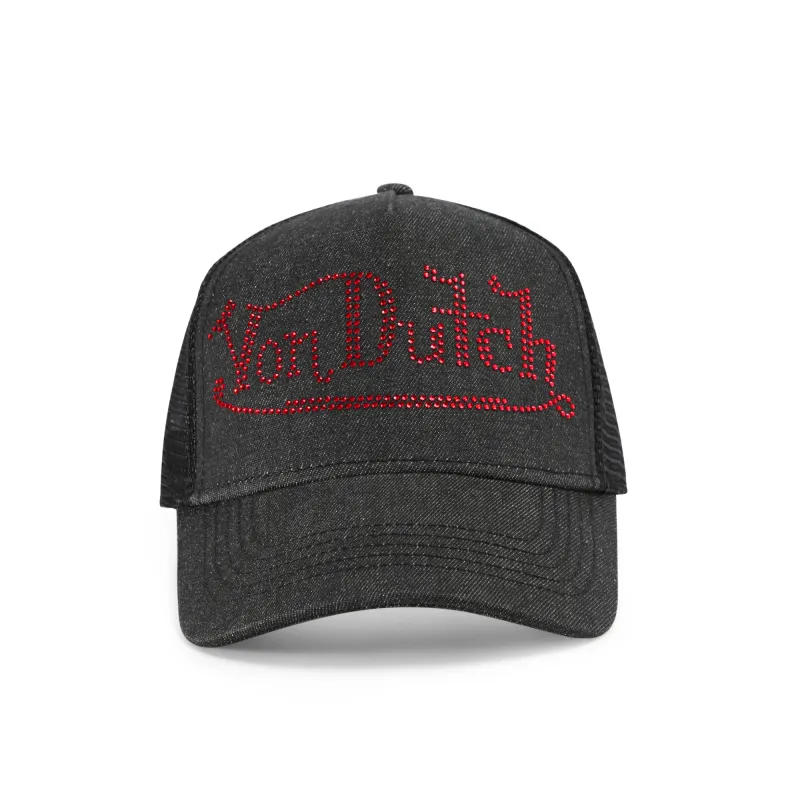 Rhinestone Trucker Hat - Black with Red Rhinestones sold by Von Dutch