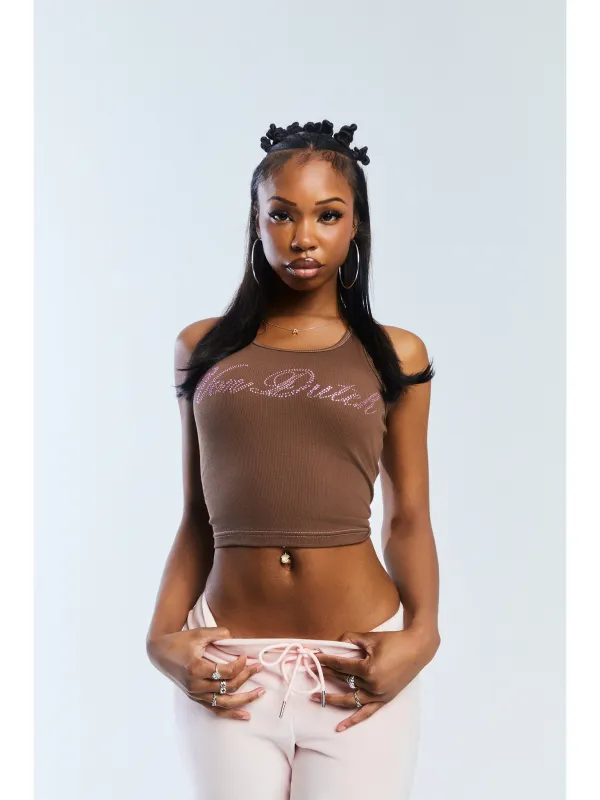 Rhinestone Cursive logo Tank - Brown sold by Von Dutch