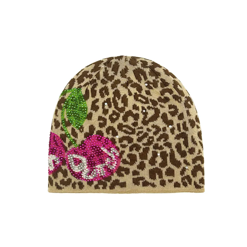 Rhinestone Cherry Beanie - Cheetah made by Von Dutch