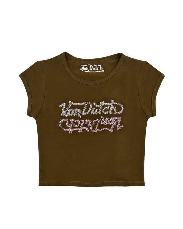 Brown Rhinestone Seeing Double Tee made by Von Dutch