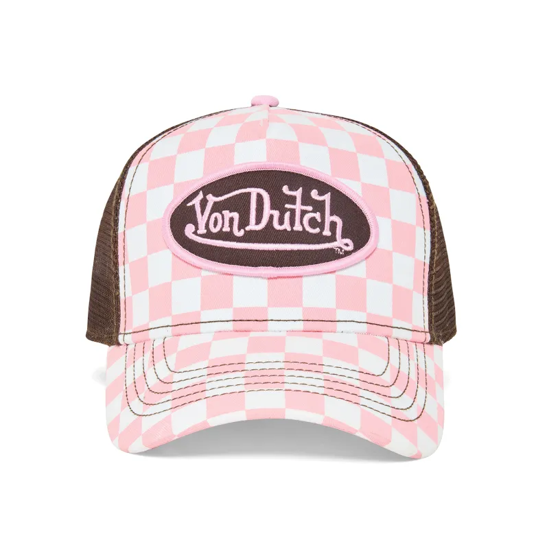 Pink Checker Trucker Hat made by Von Dutch