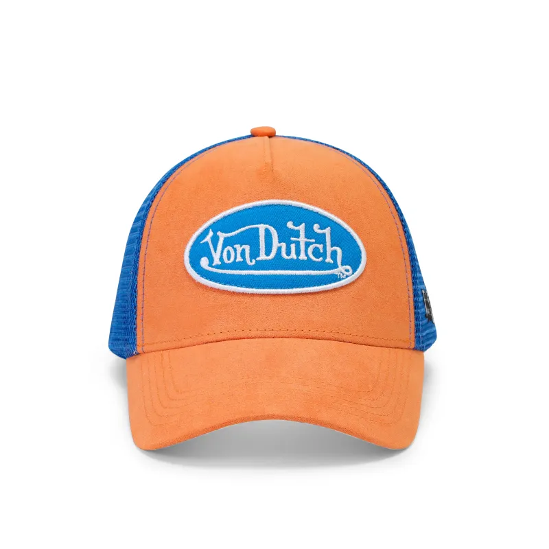 Suede Trucker Hat - Orange and Blue made by Von Dutch