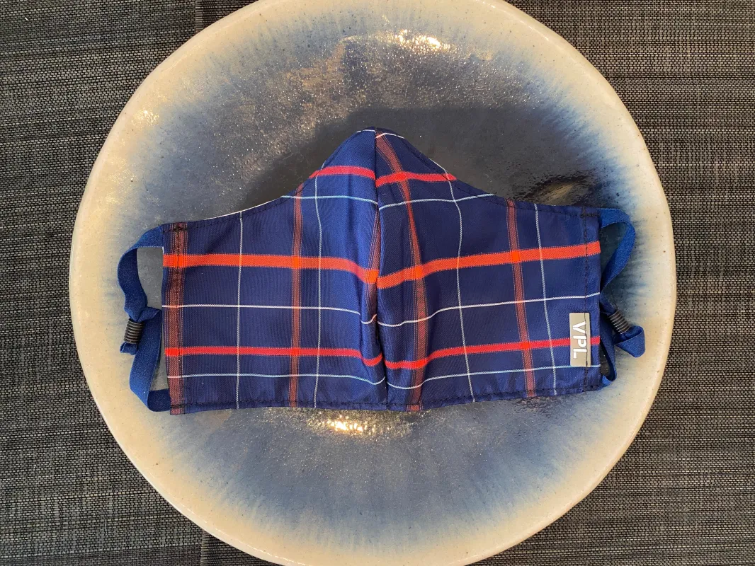 Japanese Vintage Silk Kasuri Mask (Navy x Red Plaid) sold by VPL