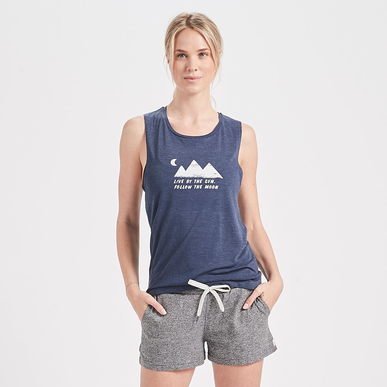Live By The Sun Tank | Navy Heather sold by Vuori