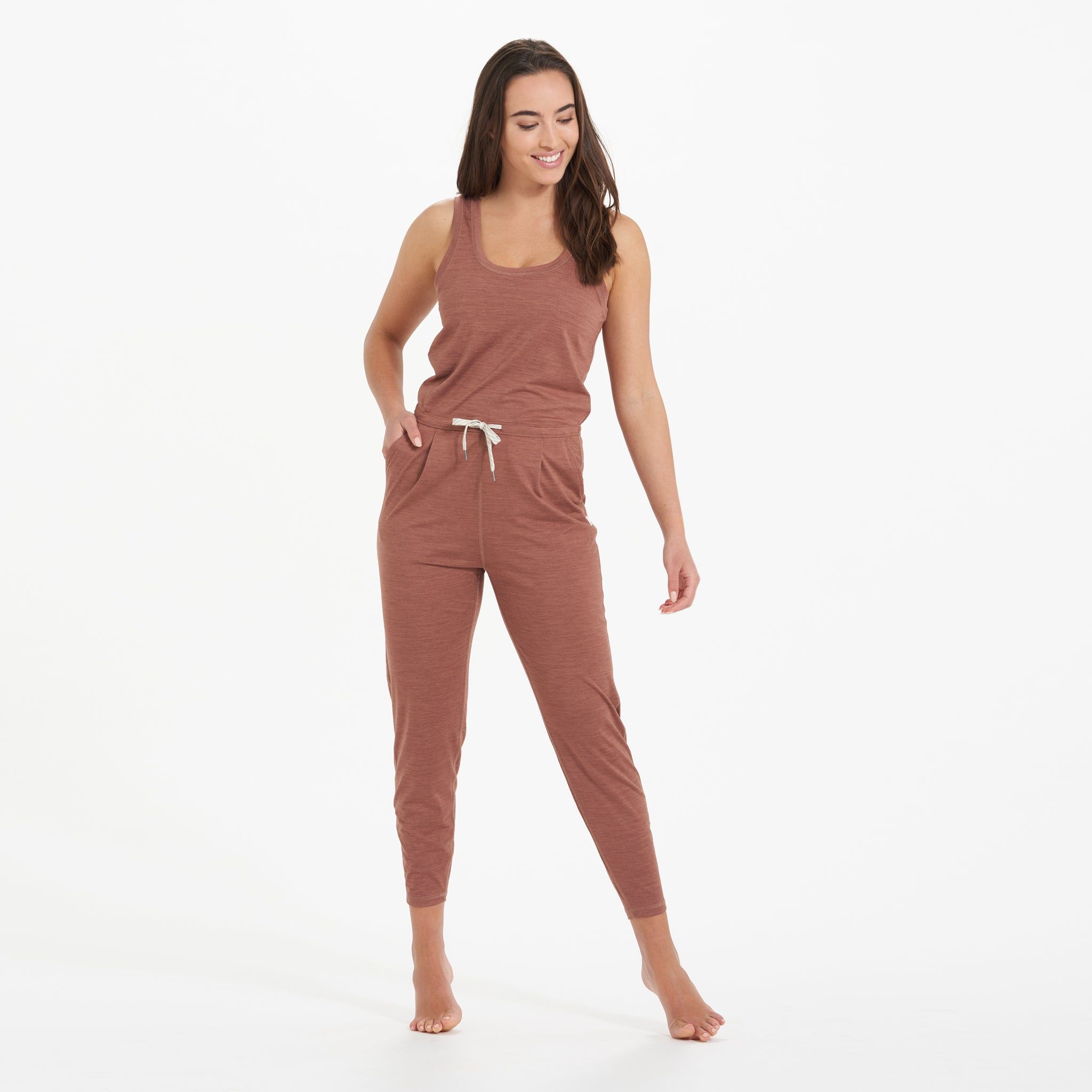 Lux At Ease Jumpsuit | Dark Terracotta Heather sold by Vuori