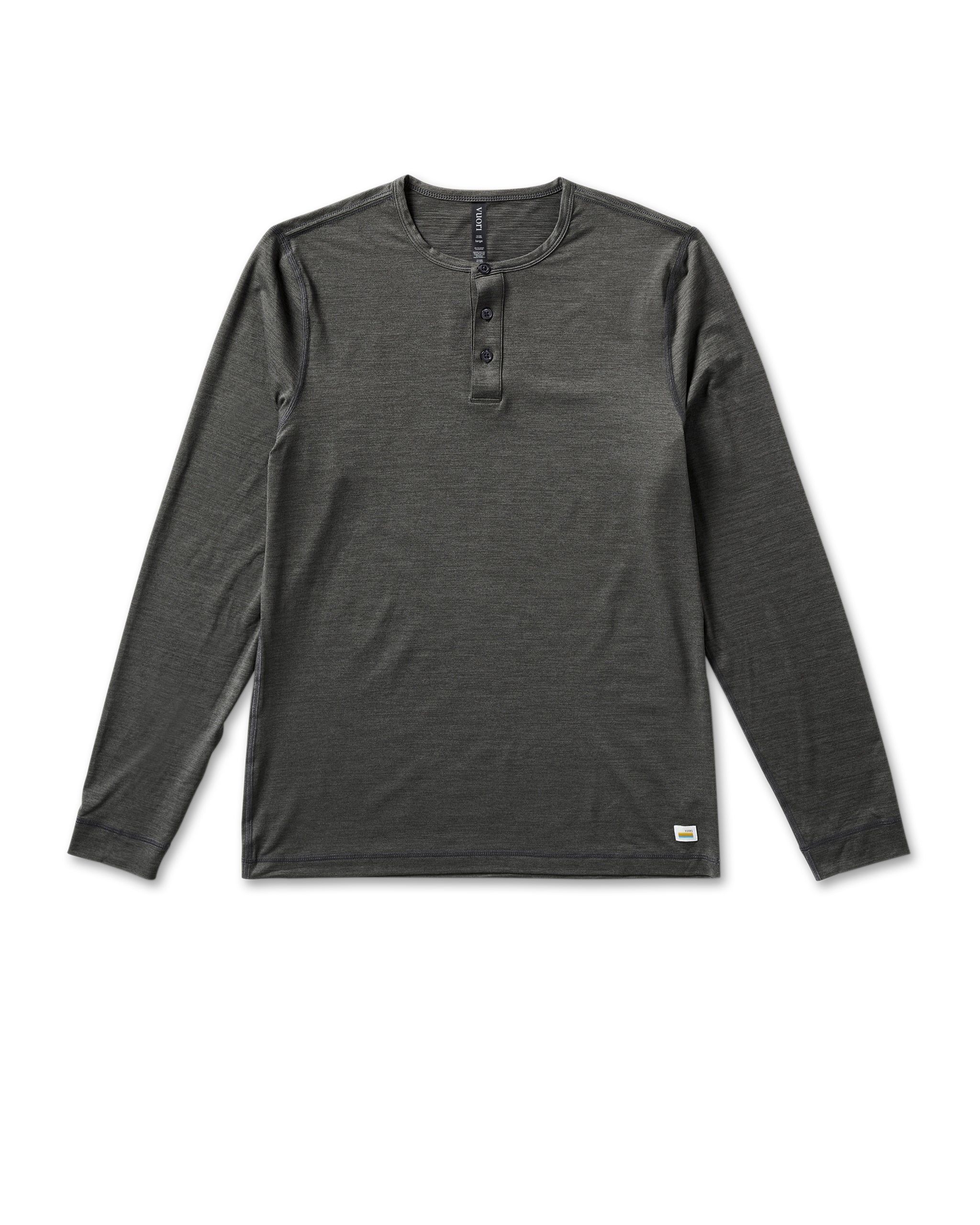 Long-Sleeve Ease Performance Henley | Charcoal Heather sold by Vuori