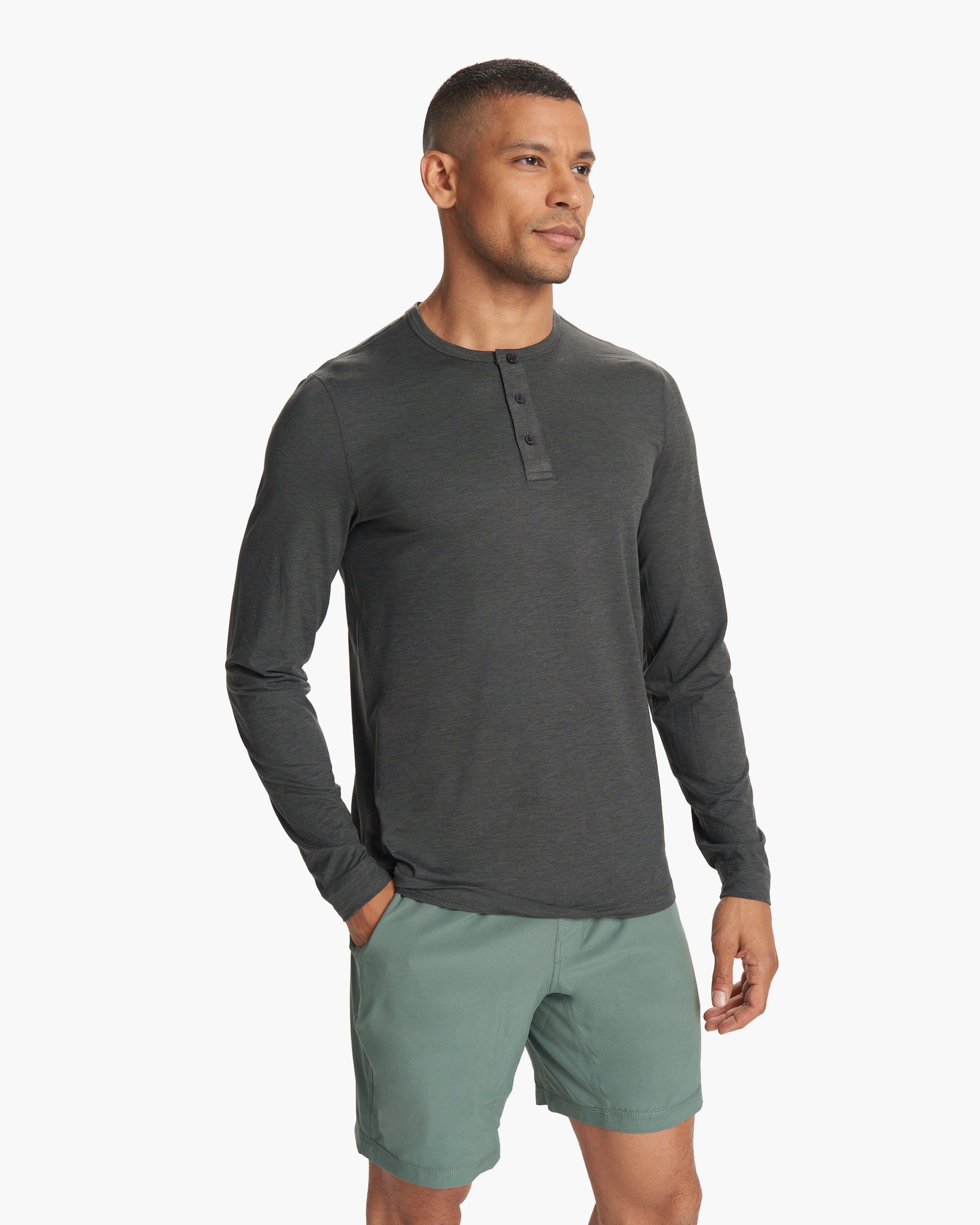 Long-Sleeve Ease Performance Henley | Charcoal Heather sold by Vuori product image thumbnail 2