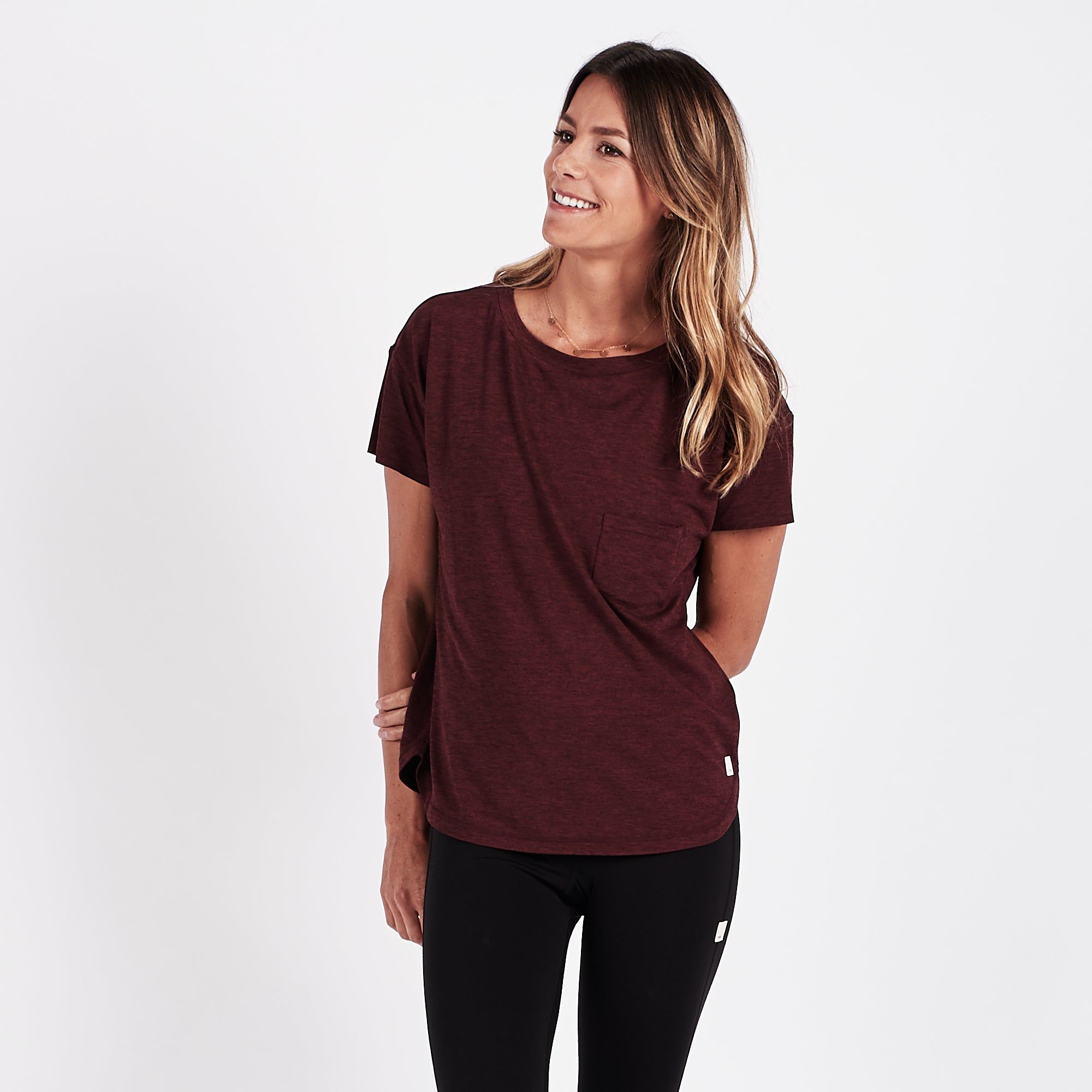 Lux Performance Tee | Bordeaux Heather sold by Vuori