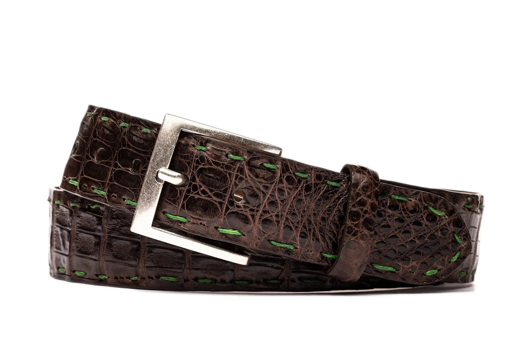 Matte Caiman Crocodile Belt with Off-White Straight Stitch and Antique Nickel Buckle sold by W. Kleinberg