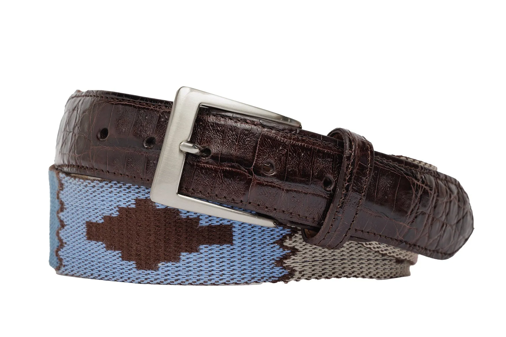 Santa Fe Tapestry Belt with Crocodile Tabs and Brushed Nickel Buckle sold by W. Kleinberg