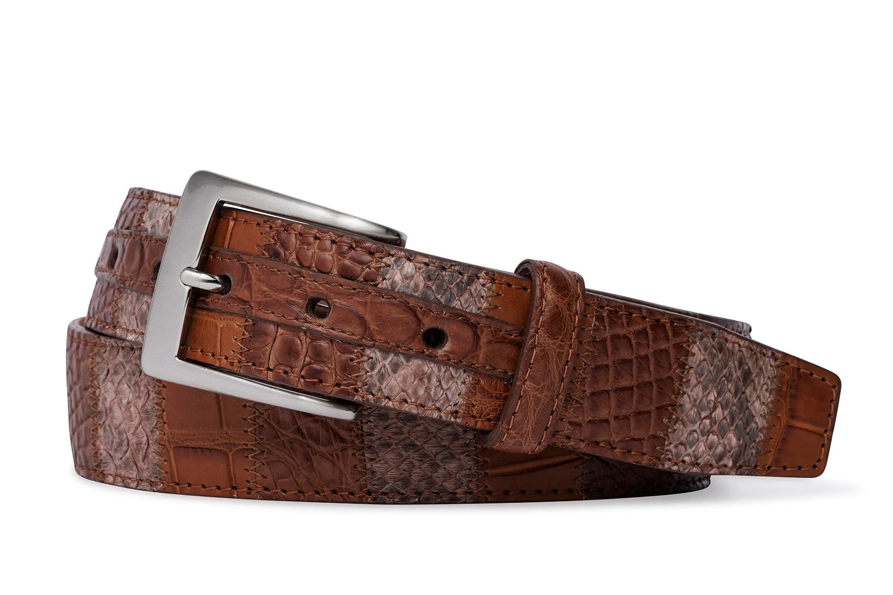 Vertical Patchwork Matte Alligator Belt with Brushed Nickel Buckle sold by W. Kleinberg