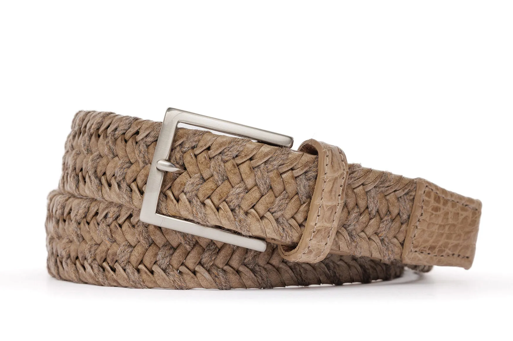 Leather and Straw Belt with Crocodile Tabs and Brushed Nickel Buckle sold by W. Kleinberg