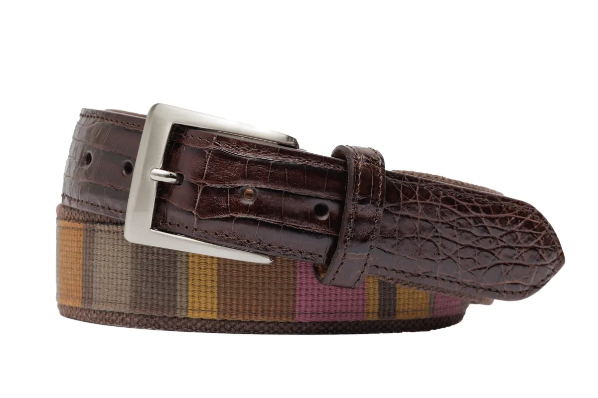 Canvas Bars Belt with Crocodile Tabs and Brushed Nickel Buckle sold by W. Kleinberg