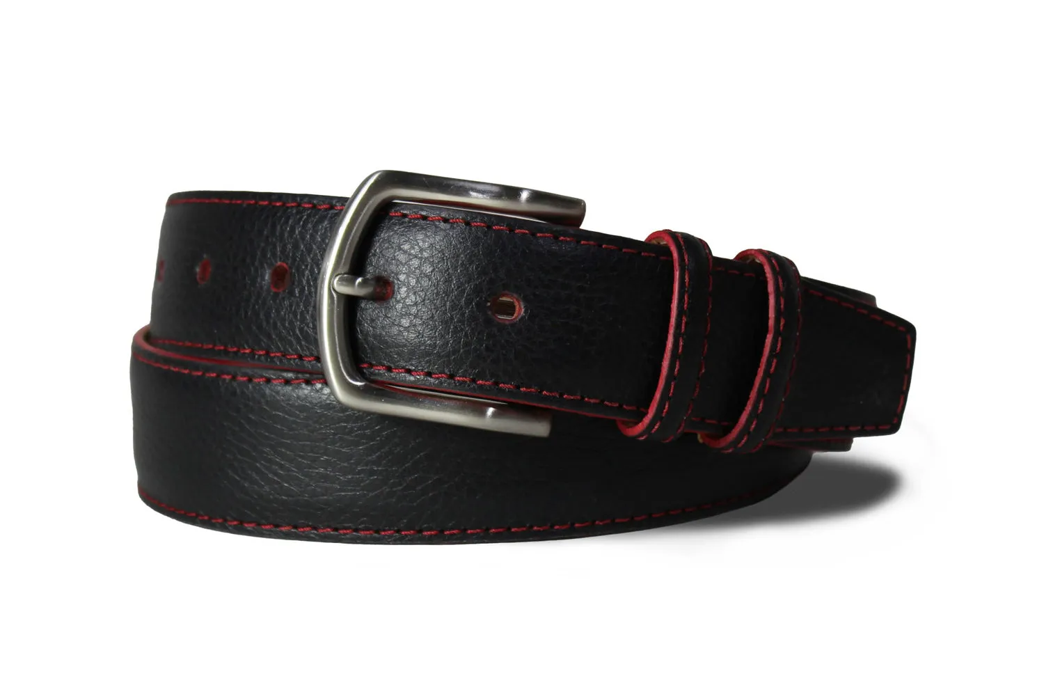 Contrast Stitch Pebbled Calf Belt with Nickel Buckle sold by W. Kleinberg