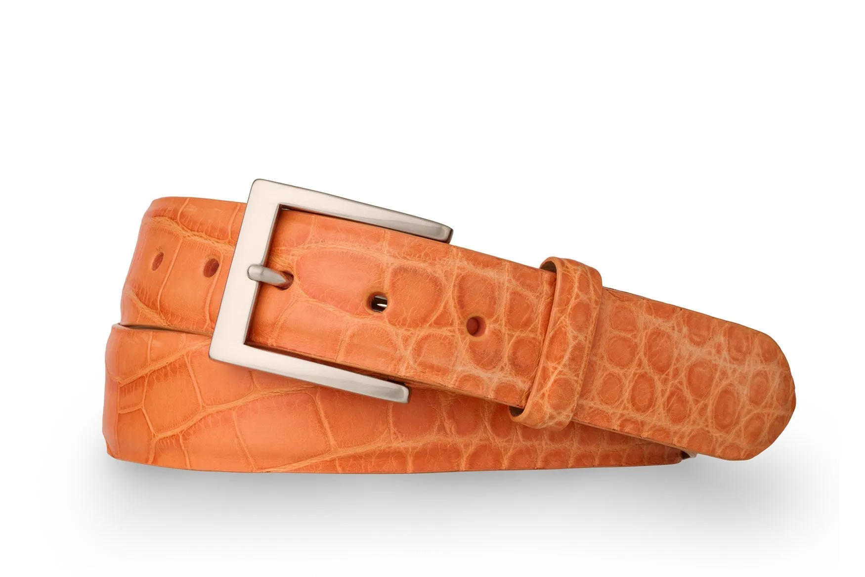 1" Matte American Alligator Belt with Brushed Nickel and Gold Buckles sold by W. Kleinberg