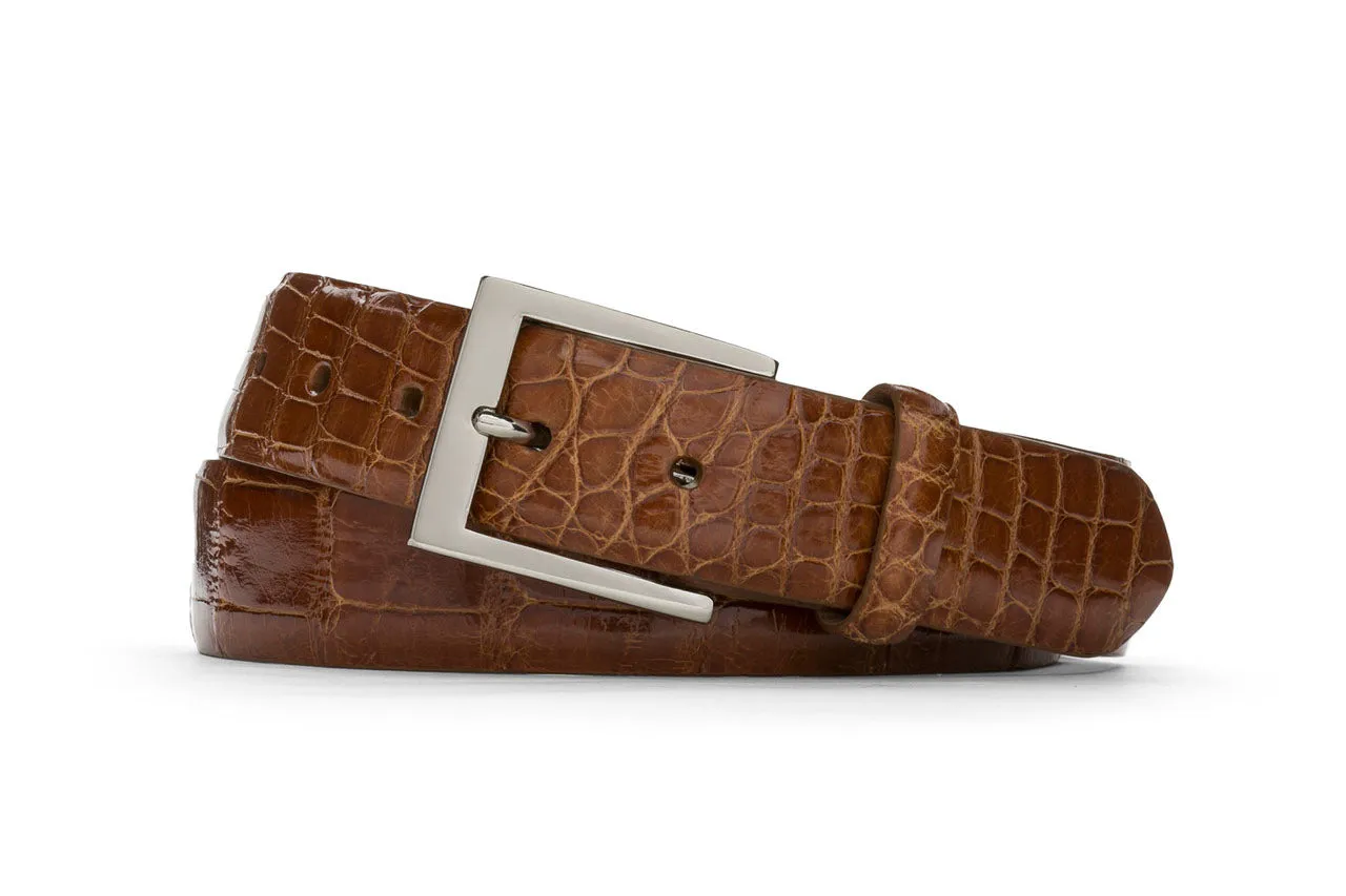 1-1/4" Glazed American Alligator Belt with Nickel and Gold Buckles sold by W. Kleinberg
