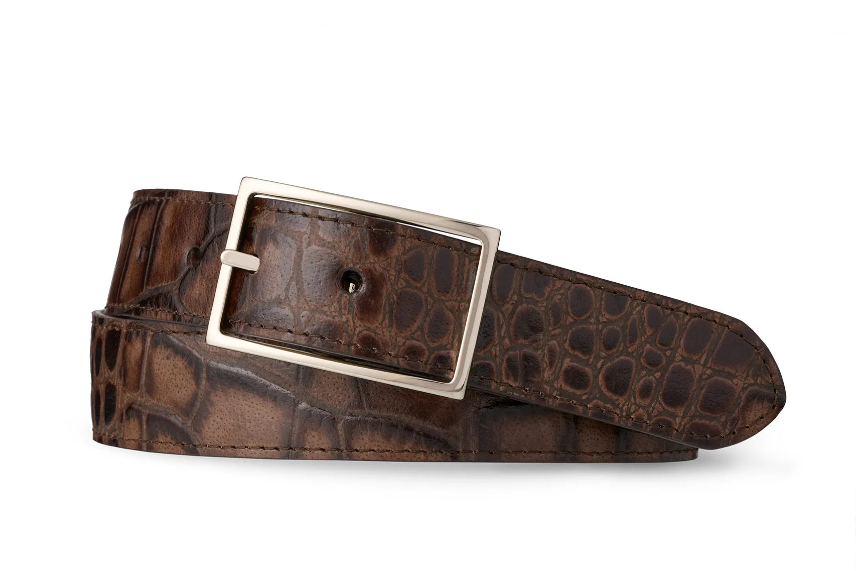 Reversible Pebbled Calf and Embossed Crocodile Belt with Nickel Buckle sold by W. Kleinberg