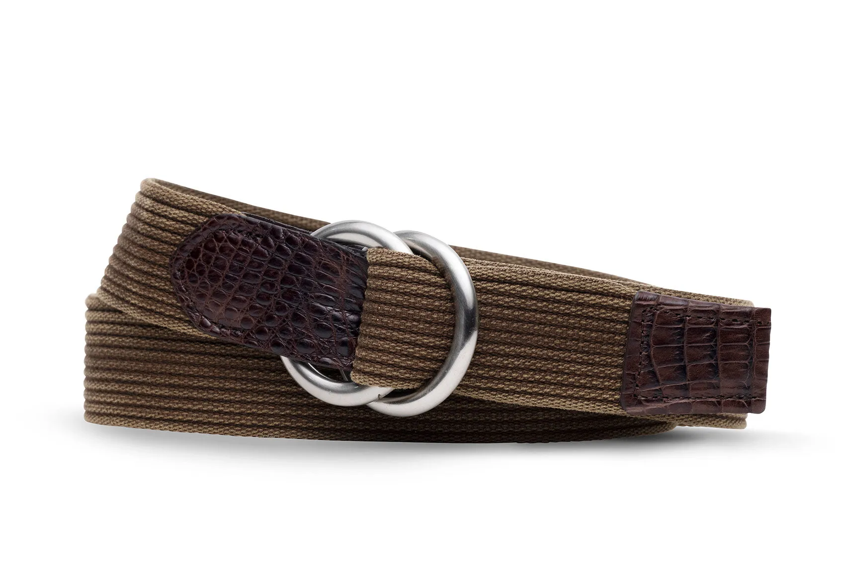 Striped Woven Belt with Crocodile Tabs and Brushed Nickel O-Rings sold by W. Kleinberg