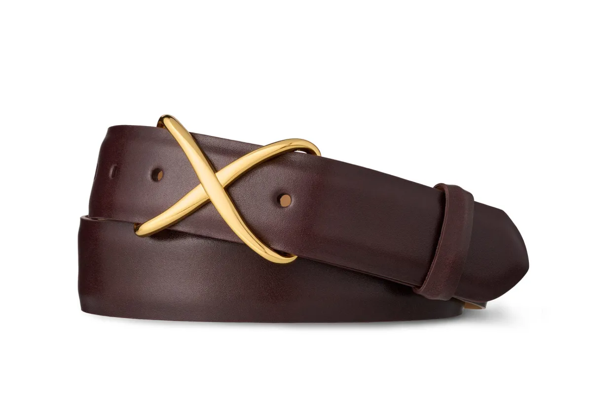Glazed Calf Belt with Gold X Buckle sold by W. Kleinberg