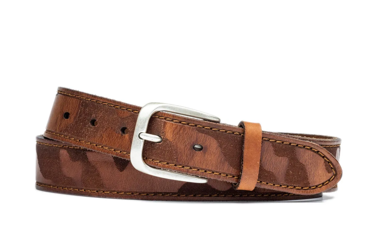 Italian Skived Camo Belt with Antiqued Nickel Buckle sold by W. Kleinberg