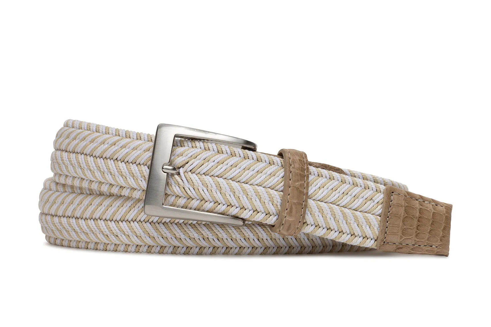 Frost Beige Stretch Belt with Croc Tabs and Brushed Nickel Buckle sold by W. Kleinberg