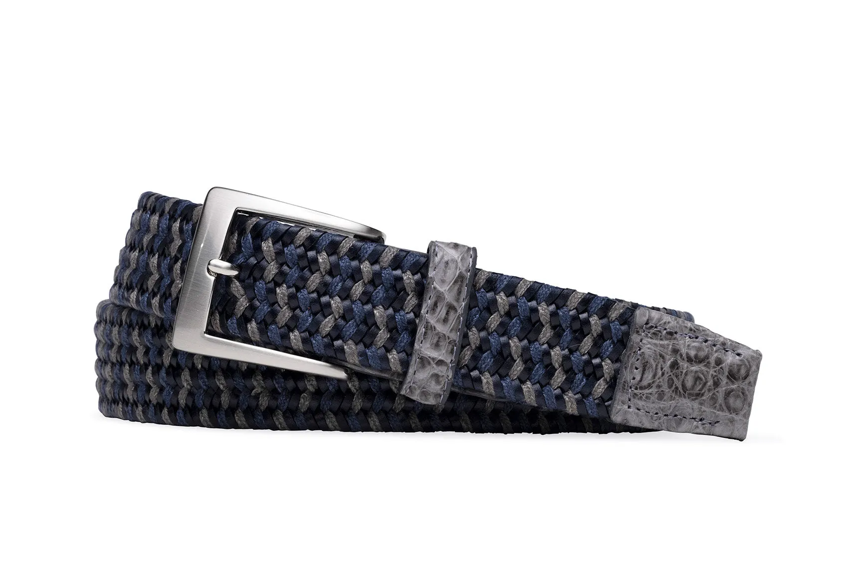 Denim Mix Leather Stretch Belt with Croc Tabs and Brushed Nickel Buckle sold by W. Kleinberg