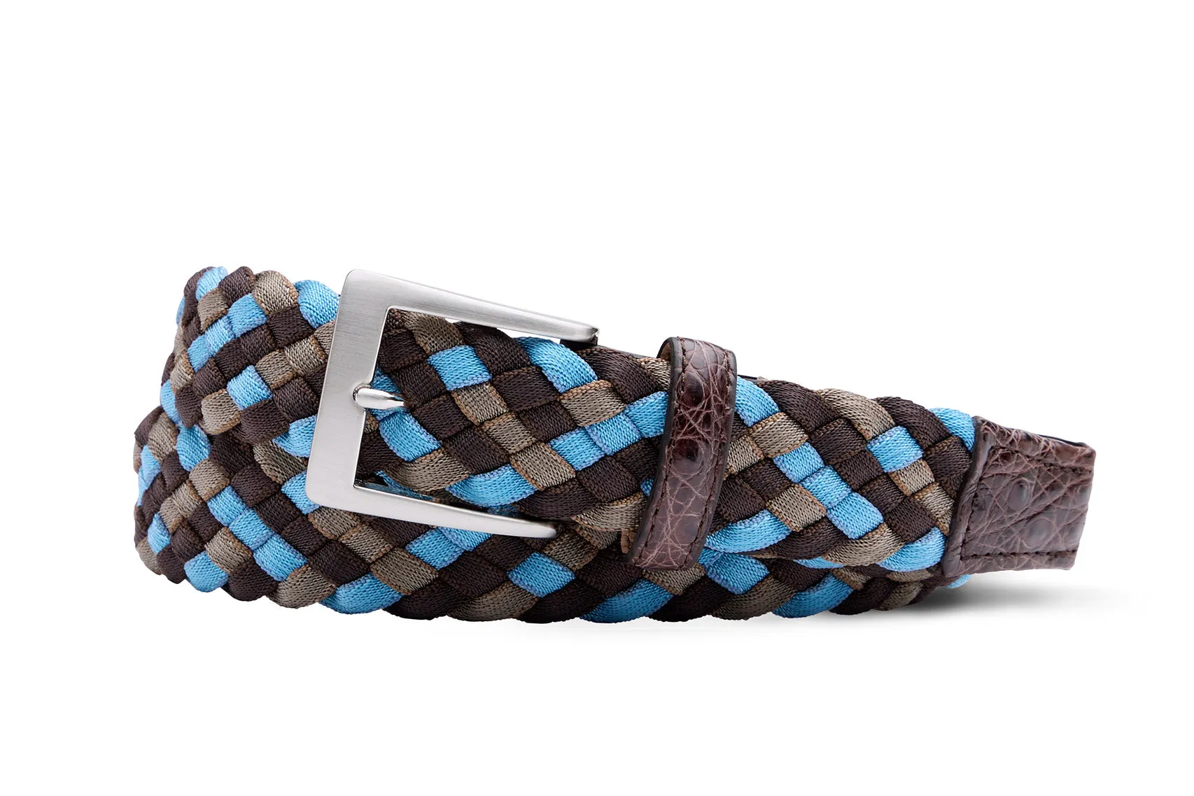 Chocolate/Sky Blue Stretch Cord Belt with Croc Tabs and Brushed Nickel Buckle sold by W. Kleinberg