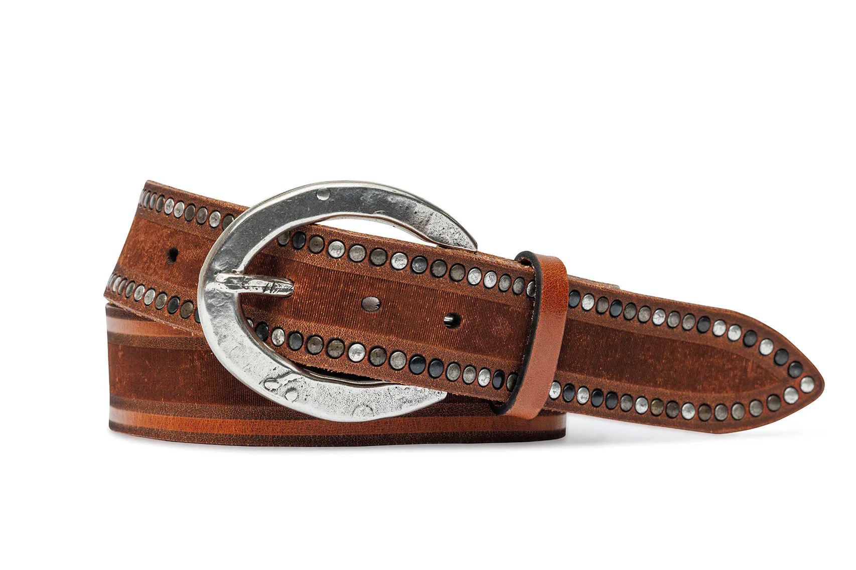 Italian Center Skived Calf Belt with Rivets and Antique Silver Buckle sold by W. Kleinberg