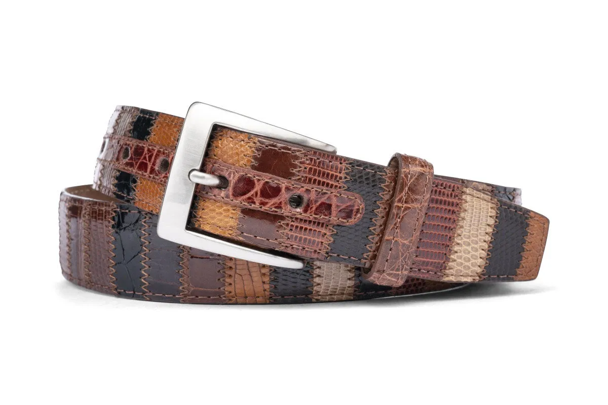 Alligator & Lizard Vertical Patchwork Belt with Nickel Buckle sold by W. Kleinberg