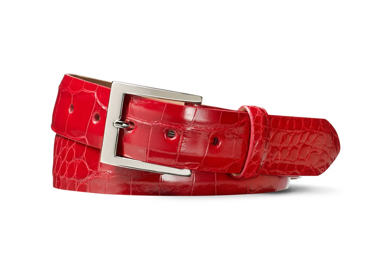 Go Dawgs! Red Glazed American Alligator Belt sold by W. Kleinberg