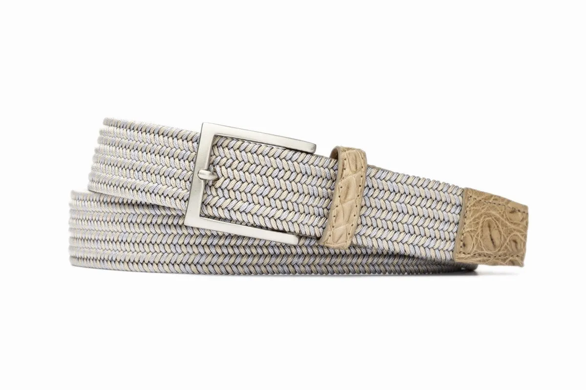 Vanilla Stretch Belt with Croc Tabs and Brushed Nickel Buckle sold by W. Kleinberg