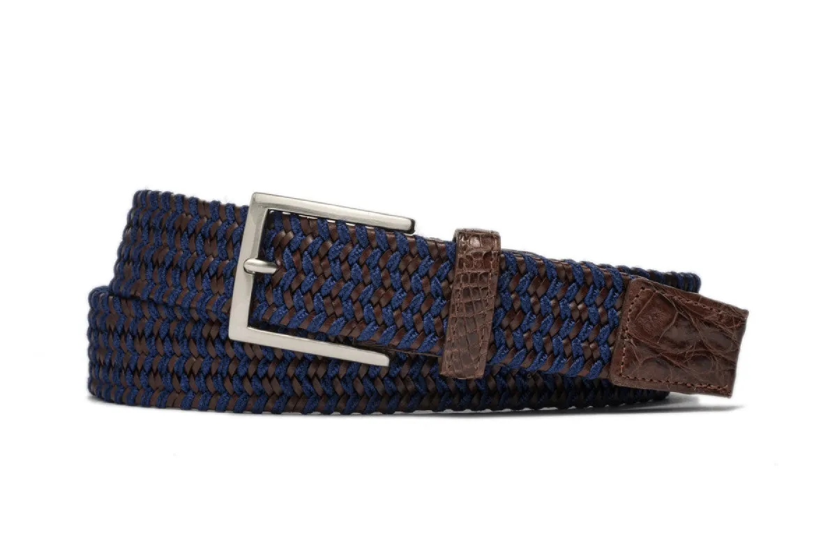 Sapphire Leather Stretch Belt with Croc Tabs and Brushed Nickel Buckle sold by W. Kleinberg