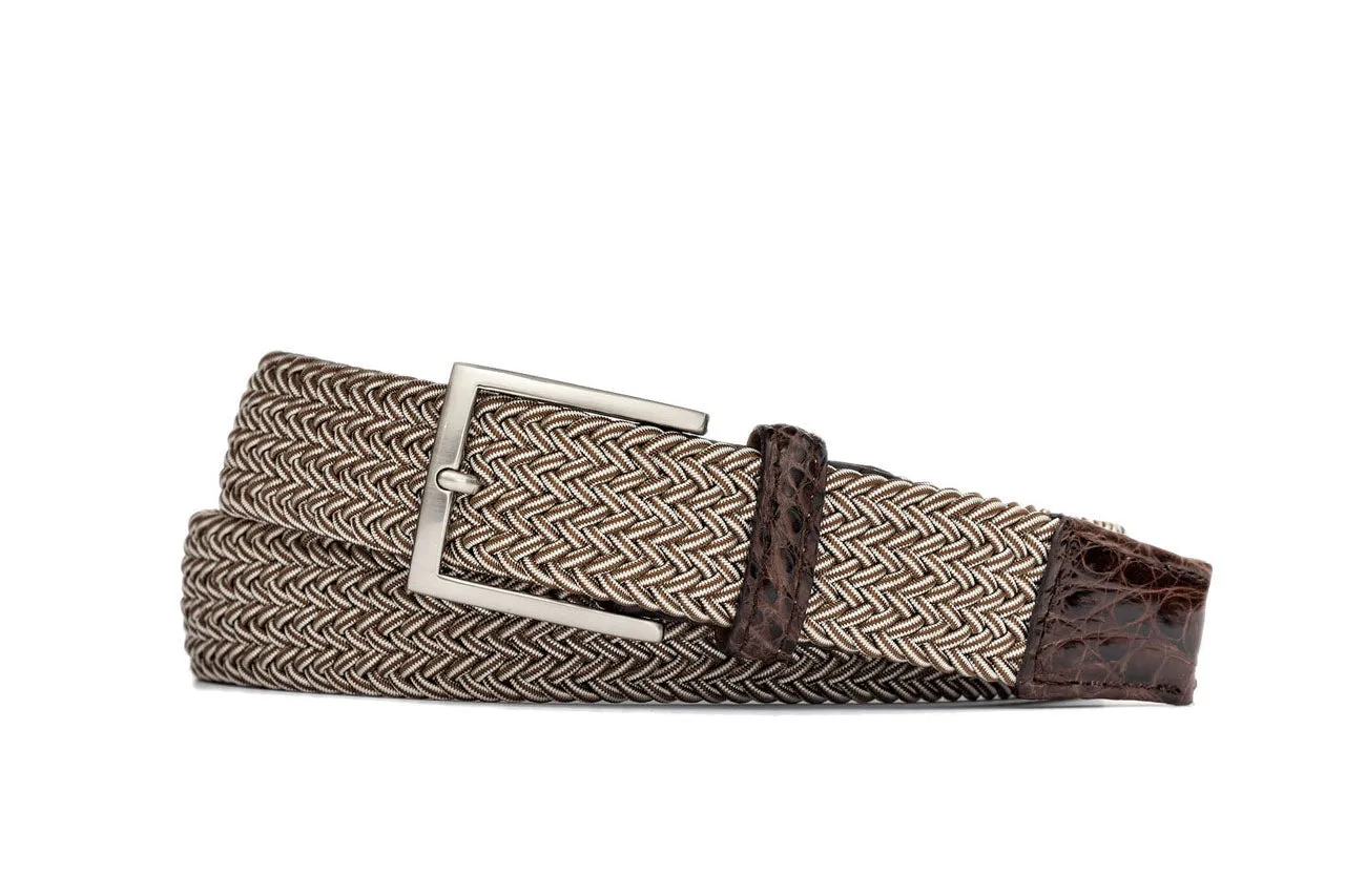 Brown Stripe Stretch Belt with Croc Tabs and Brushed Nickel Buckle sold by W. Kleinberg