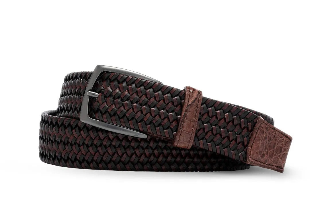 Cigar Leather Stretch Belt with Croc Tabs and Gunmetal Buckle sold by W. Kleinberg