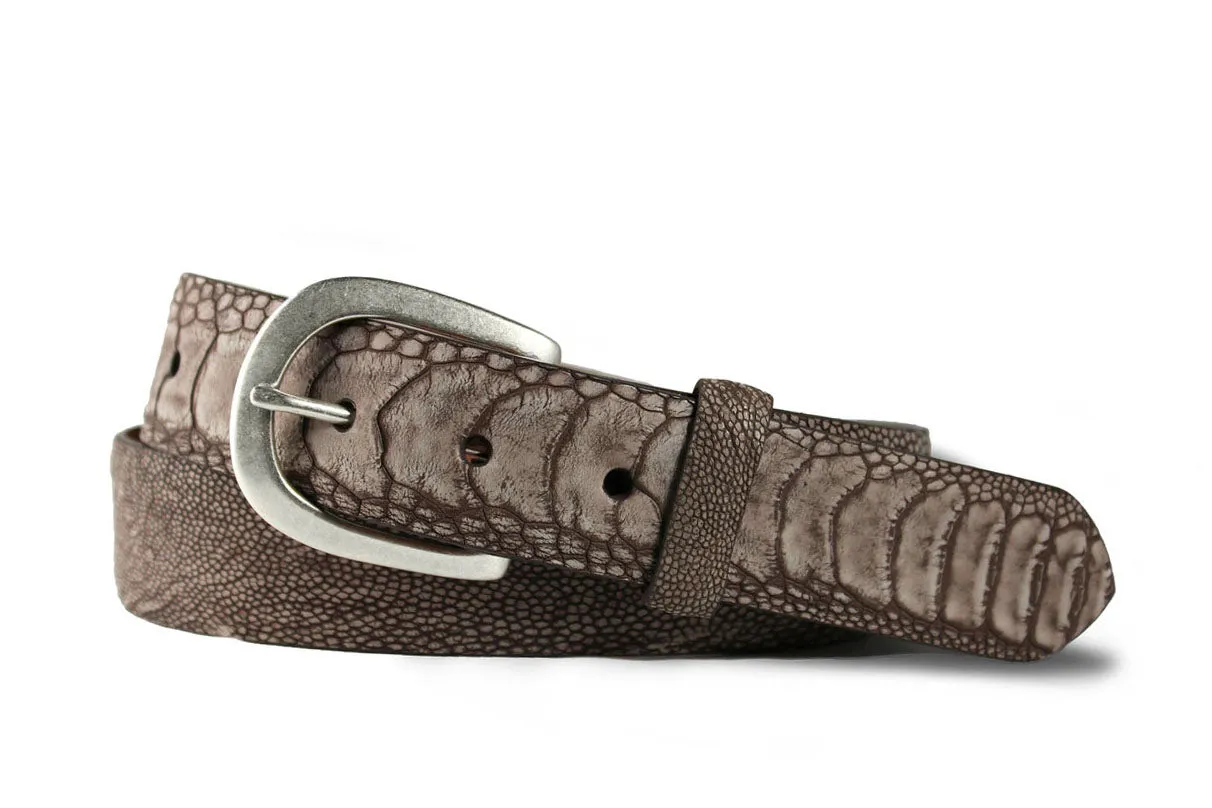 Washed Ostrich Leg Belt with Antique Nickel Buckle sold by W. Kleinberg