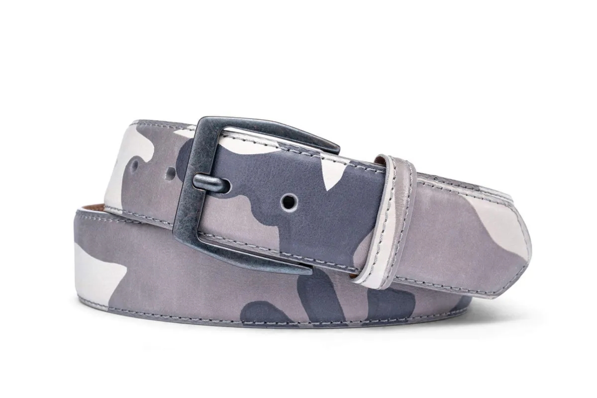 Camo Leather Belt with Gunmetal Buckle sold by W. Kleinberg