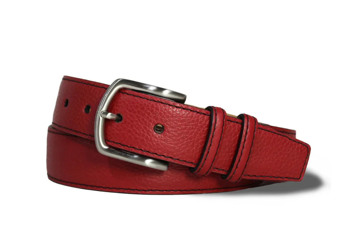 Contrast Stitch Pebbled Calf Belt with Nickel Buckle sold by W. Kleinberg