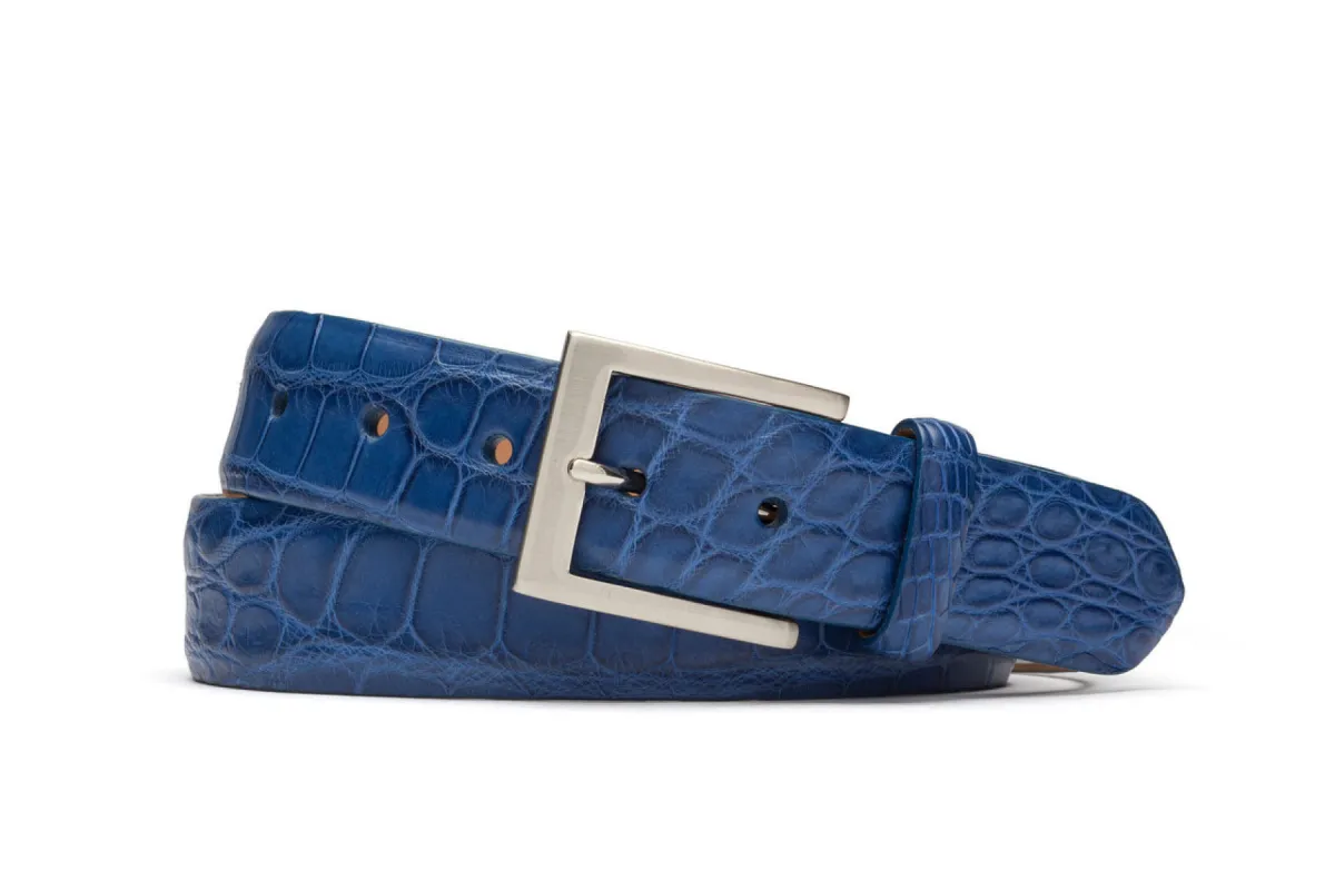 Extra-Long 1-1/4" Matte American Alligator Belt with Brushed Nickel and Gold Buckles sold by W. Kleinberg