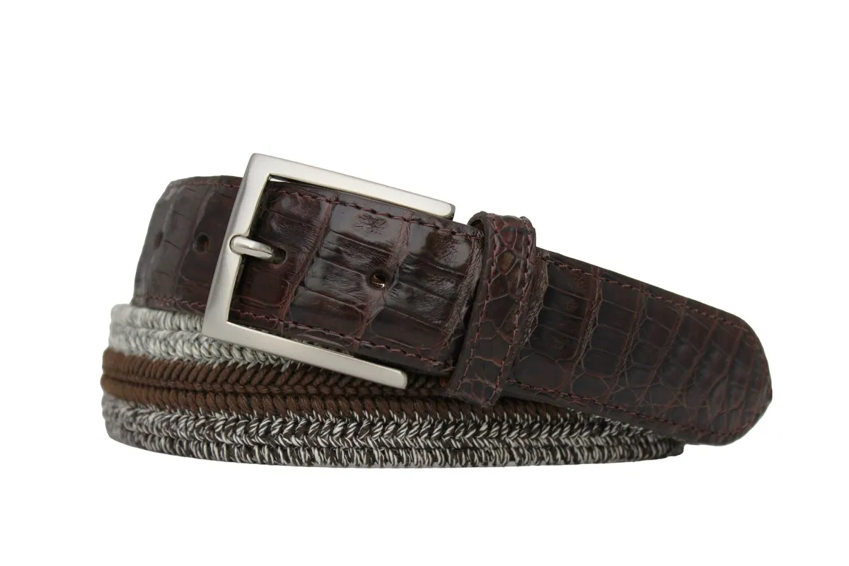 Brown Triple Stretch Belt with Long Croc Tabs and Brushed Nickel Buckle sold by W. Kleinberg
