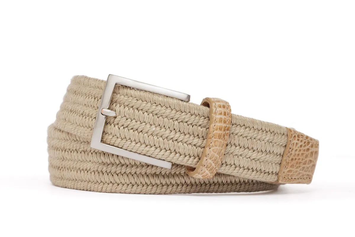 Pure Linen Stretch Belt with Crocodile Tabs and Antique Nickel Buckle sold by W. Kleinberg