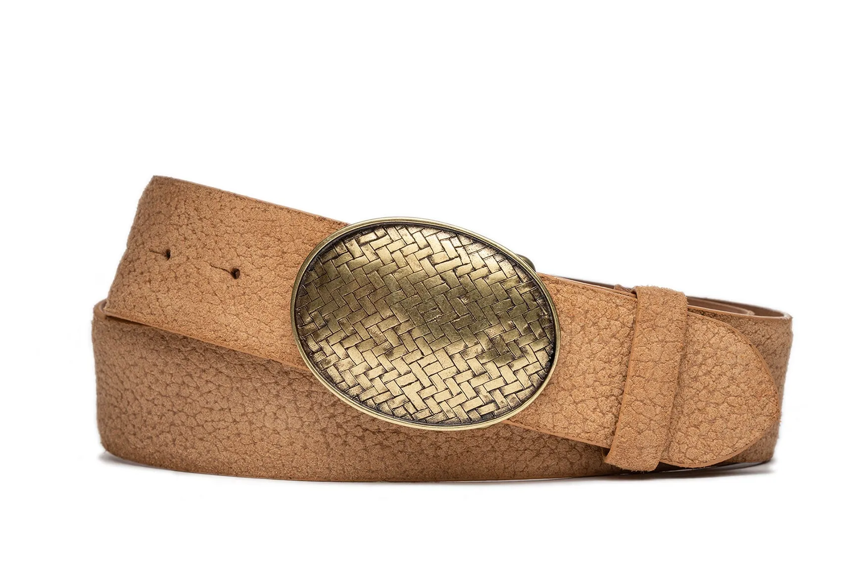 Pebbled Suede Calf Belt with Antique Brass Plaque Buckle sold by W. Kleinberg