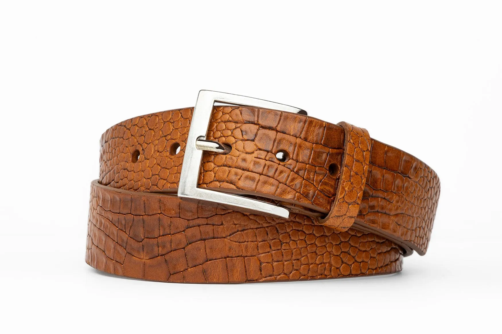 Embossed Single-Ply Calf Belt with Antique Silver Buckle sold by W. Kleinberg